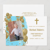 Baptisme 1e verjaardag Blue Gold Text Foto Kaart (Voorkant / Achterkant)