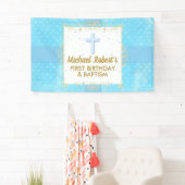 Baptisme 1e verjaardag Boy Blue Gold Text Polka Do Spandoek (Insitu)