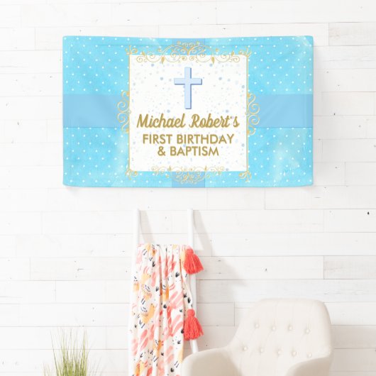 Baptisme 1e verjaardag Boy Blue Gold Text Polka Do Spandoek (Insitu)