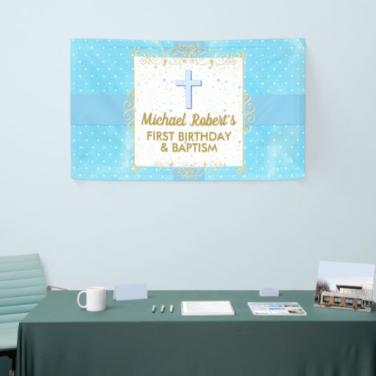 Baptisme 1e verjaardag Boy Blue Gold Text Polka Do Spandoek (Beurs)