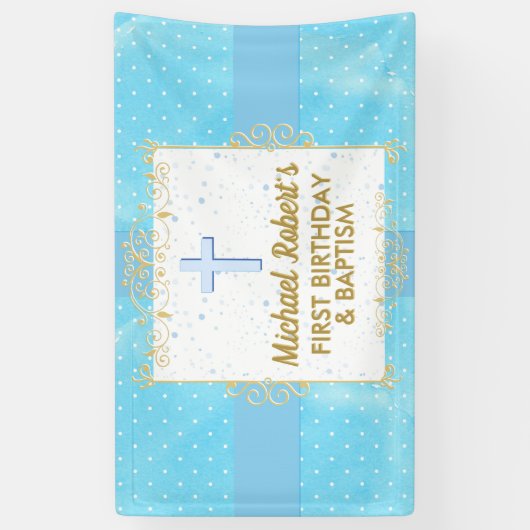 Baptisme 1e verjaardag Boy Blue Gold Text Polka Do Spandoek (Verticaal)