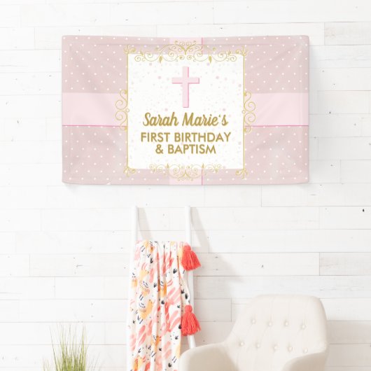 Baptisme 1e verjaardag meisje roze goudkleurige po spandoek (Insitu)