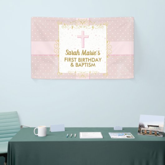 Baptisme 1e verjaardag meisje roze goudkleurige po spandoek (Beurs)