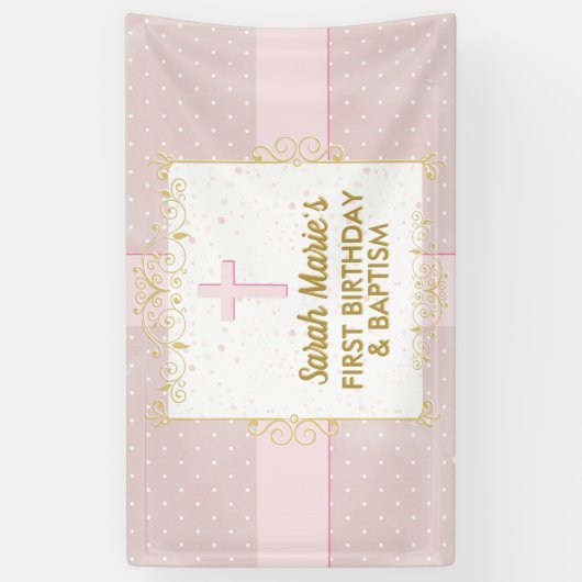 Baptisme 1e verjaardag meisje roze goudkleurige po spandoek (Verticaal)