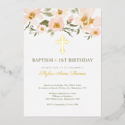 Baptisme & 1St Birthday Elegant Waterverf Florals Folie Uitnodiging (Voorkant)
