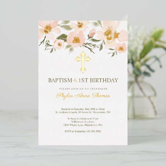 Baptisme & 1St Birthday Elegant Waterverf Florals Folie Uitnodiging (Staand Voorkant)