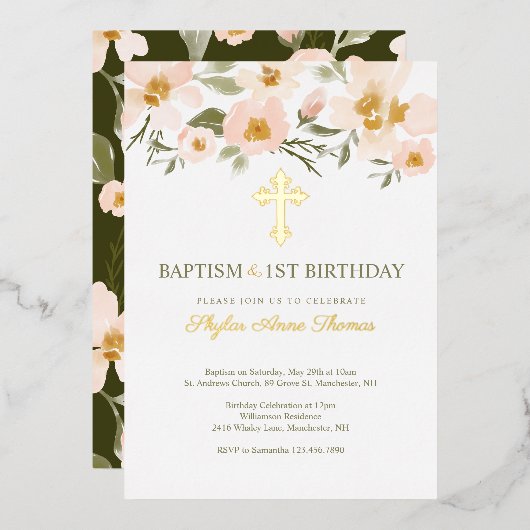 Baptisme & 1St Birthday Elegant Waterverf Florals Folie Uitnodiging (Voorkant / Achterkant)