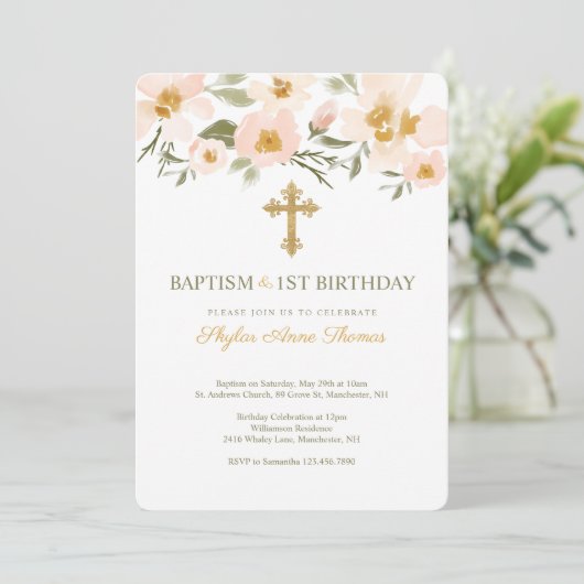 Baptisme & 1St Birthday Elegant Waterverf Florals Kaart (Staand voorkant)