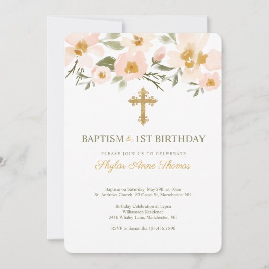 Baptisme & 1St Birthday Elegant Waterverf Florals Kaart (Voorkant)