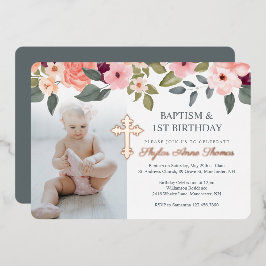 Baptisme & 1st Birthday Waterverf Flowers Foto Folie Uitnodiging