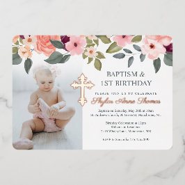 Baptisme & 1st Birthday Waterverf Flowers Foto Folie Uitnodiging