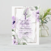 BAPTISME | Amethyst Floral Cross Invitation Kaart (Staand voorkant)