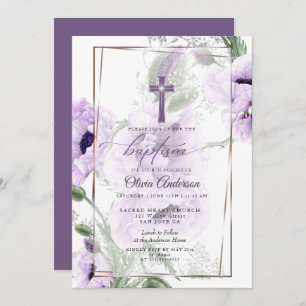 BAPTISME   Amethyst Floral Cross Invitation Kaart