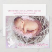 Baptisme baby girl duif en foto-uitnodigcard kaart (Voorkant / Achterkant)