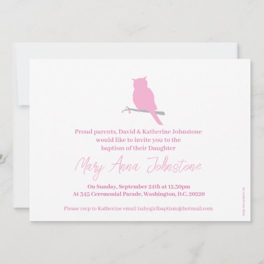 Baptisme baby girl uil vogelfoto-uitnodigkaart kaart (Achterkant)