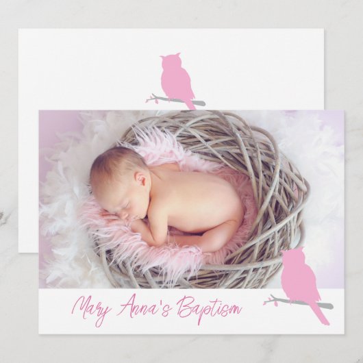 Baptisme baby girl uil vogelfoto-uitnodigkaart kaart (Voorkant / Achterkant)
