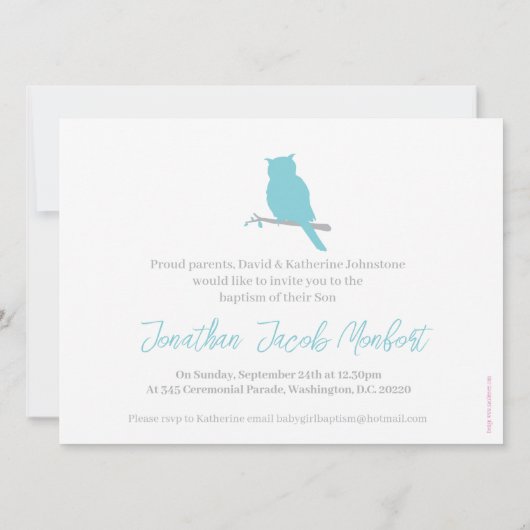 Baptisme babyjongen uil vogelfoto-uitnodigkaart kaart (Achterkant)