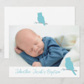 Baptisme babyjongen uil vogelfoto-uitnodigkaart kaart (Voorkant / Achterkant)