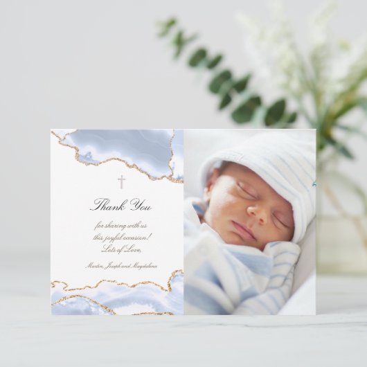 Baptisme bedankt pastel blauwe agate uitnodiging (Staand voorkant)