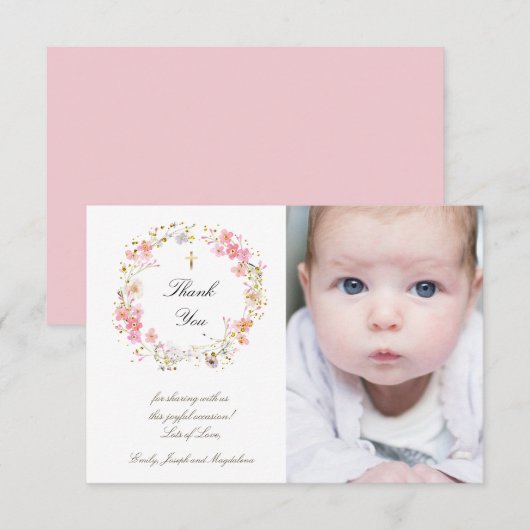 Baptisme bedankt roze bloemen kaart (Voorkant / Achterkant)