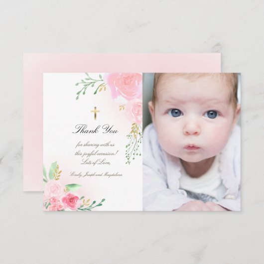 Baptisme bedankt roze rozen kaart (Voorkant / Achterkant)