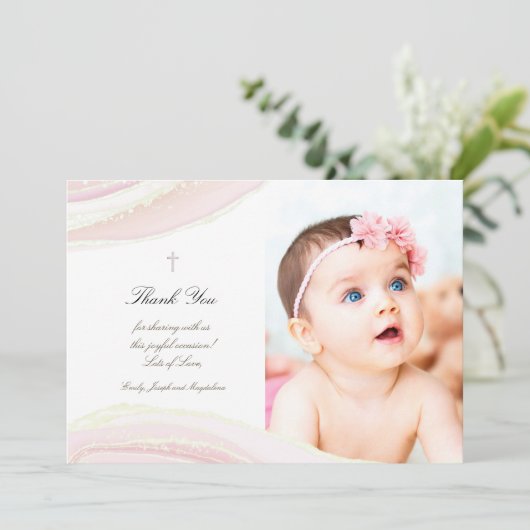 Baptisme bedankt voor de roze marmer uitnodiging (Staand voorkant)