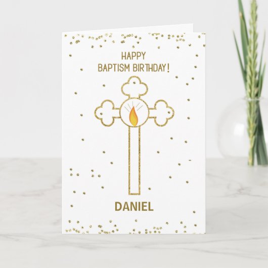 Baptisme Birthday Custom Name Gold look Cross Kaart (Voorkant)