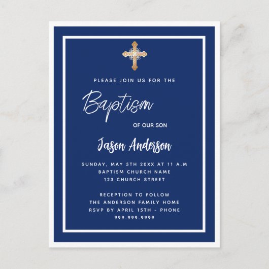 Baptisme blauw witte jongen goudkruis uitnodiging briefkaart (Voorkant)