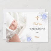 Baptisme blauwe florals foto gouden jongen bedankt kaart (Voorkant)