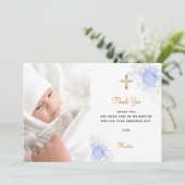 Baptisme blauwe florals foto gouden jongen bedankt kaart (Staand voorkant)