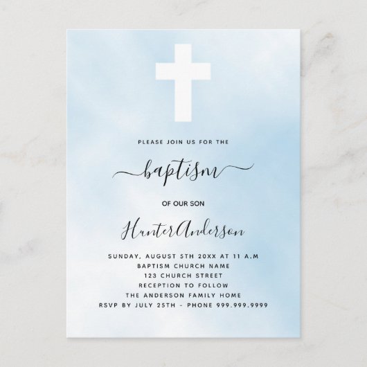 Baptisme blauwe hemeljongen dwars door simpel uitnodiging briefkaart (Voorkant)