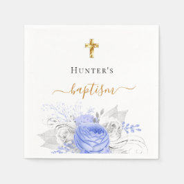 Baptisme blue floral white elegant name script boy servet