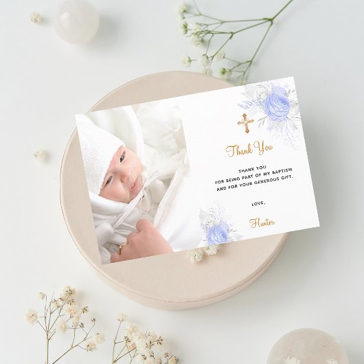 Baptisme blue florals aangepaste foto gouden jonge bedankkaart