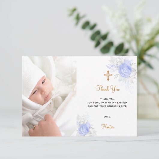 Baptisme blue florals aangepaste foto gouden jonge bedankkaart (Staand voorkant)