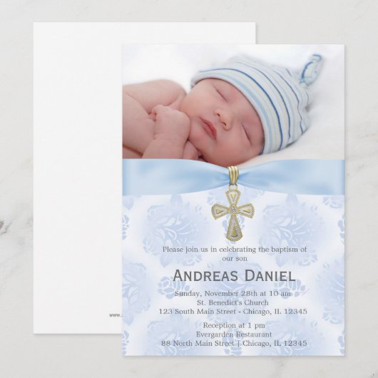 Baptisme Blue Rozen met foto Kaart (Voorkant / Achterkant)