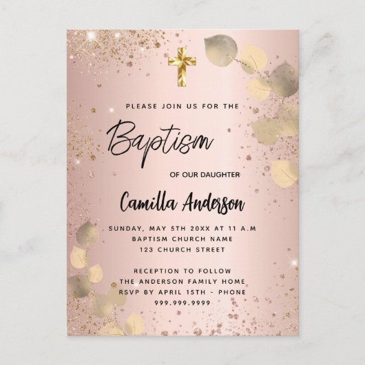 Baptisme blush eucalyptus gold glitter uitnodiging briefkaart (Voorkant)