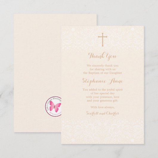 Baptisme Blush Pink Delicate Floral Lace Kaart (Voorkant / Achterkant)