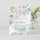 BAPTISME | Blush Pink Floral Cross Invitation Kaart (Staand voorkant)