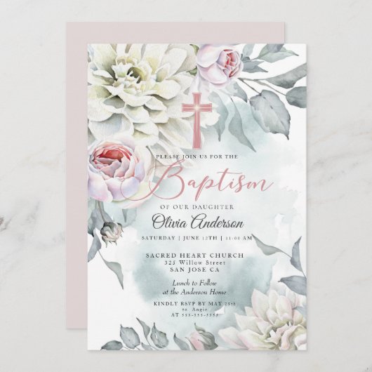 BAPTISME | Blush Pink Floral Cross Invitation Kaart (Voorkant / Achterkant)