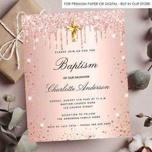 Baptisme blush roos goud glitter budget uitnodigin flyer
