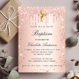 Baptisme blush roos goud glitter druppelt meisje uitnodiging briefkaart