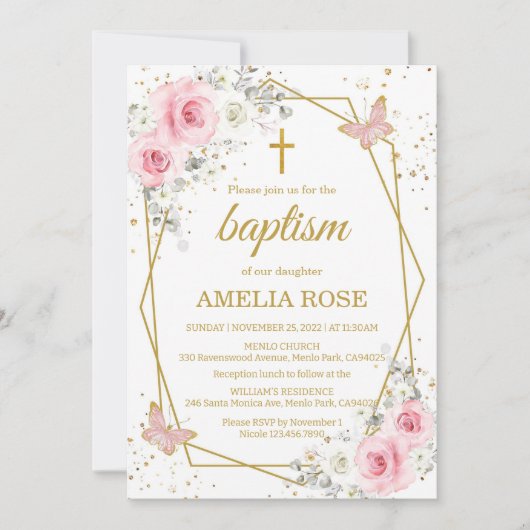 Baptisme blush roze florals vlinder kaart (Voorkant)