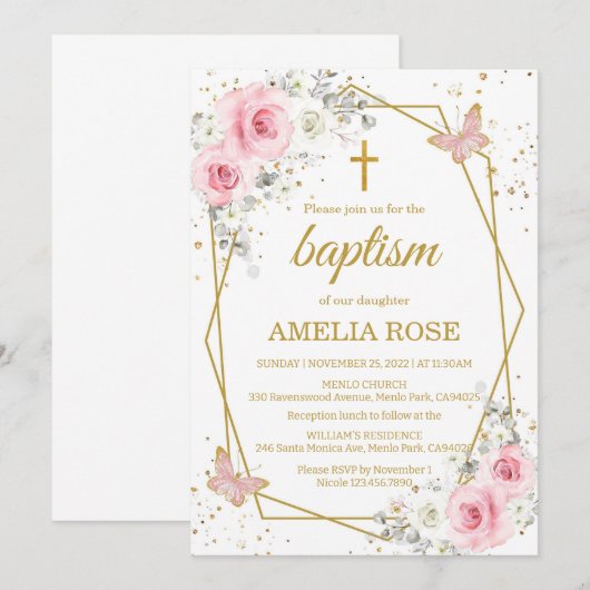 Baptisme blush roze florals vlinder kaart (Voorkant / Achterkant)