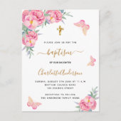Baptisme blush roze florals vlinder uitnodiging briefkaart (Voorkant)
