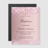 Baptisme blush roze glitter girl luxe magnetische uitnodiging (Voorkant / Achterkant)