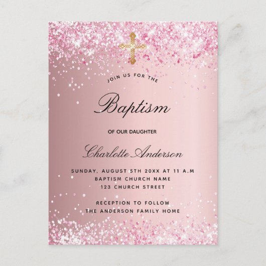 Baptisme blush roze glitter girl uitnodiging briefkaart (Voorkant)
