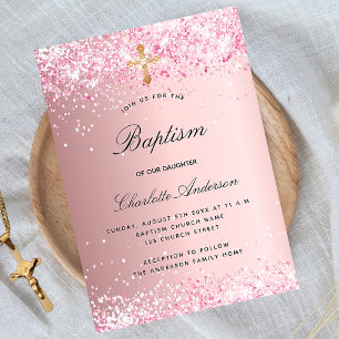 Baptisme blush roze glitter girl uitnodiging briefkaart