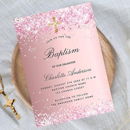 Baptisme blush roze glitter girl uitnodiging briefkaart