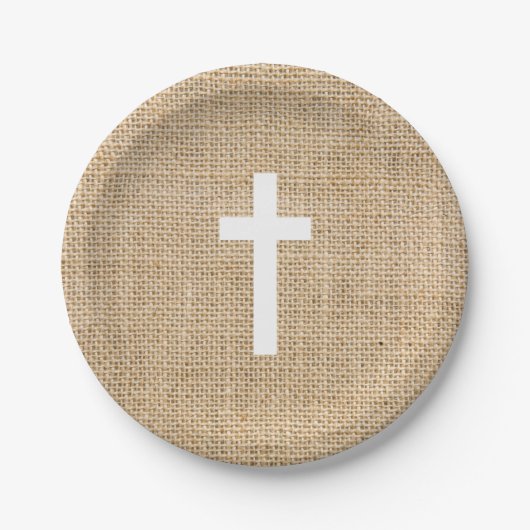 Baptisme Borden White Cross Rustige Burlap Papieren Bordje (Voorkant)