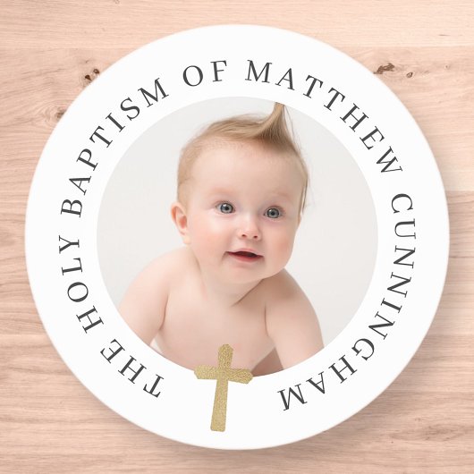 Baptisme Boy | Aangepaste foto en eenvoudige Gold  Ronde Sticker
